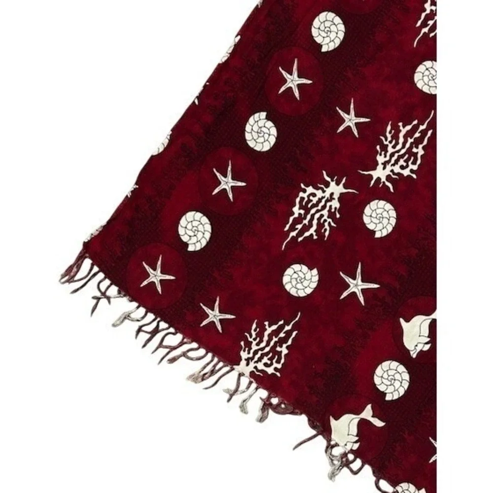 VTG Handmade Nautical Shell Starfish Dolphin Print Scarf Sarong Red Coastal Wrap